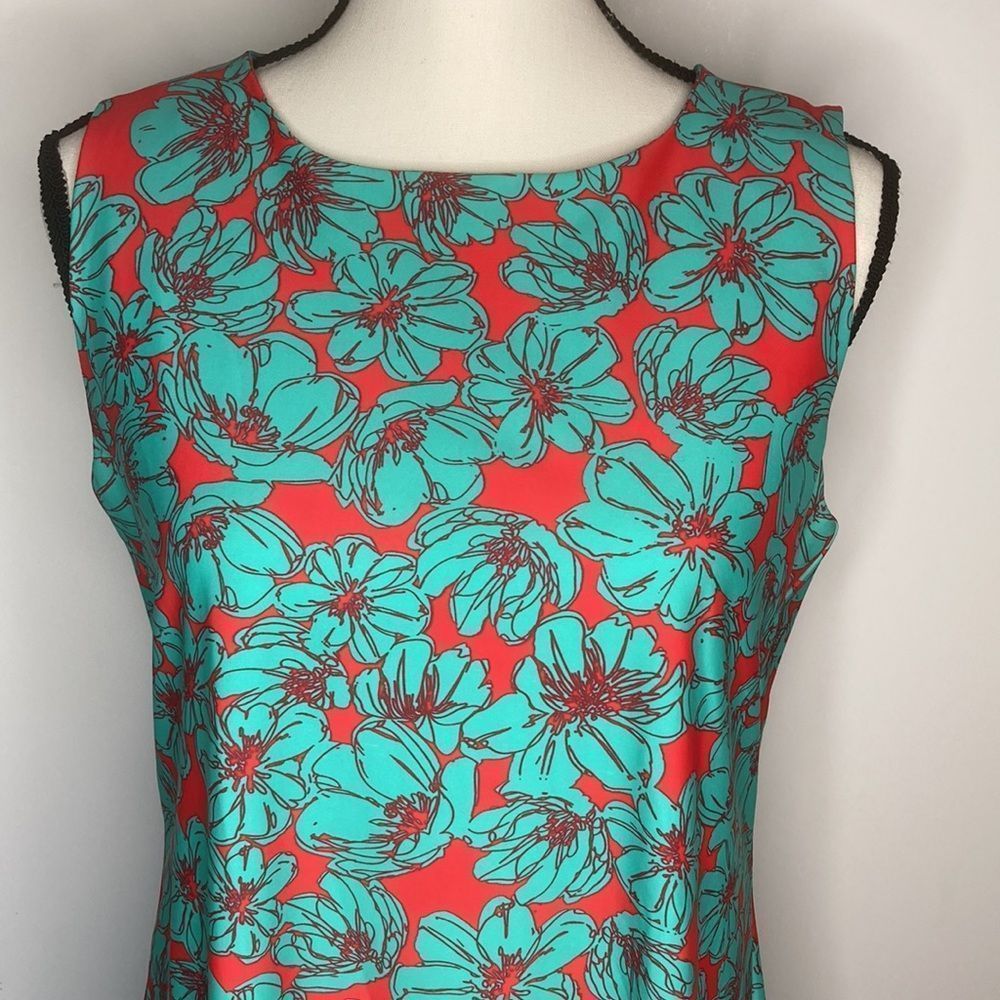 Axueh sheath dress, Floral Turquoise/Coral, wrinkle free Size Large - Picture 3 of 12